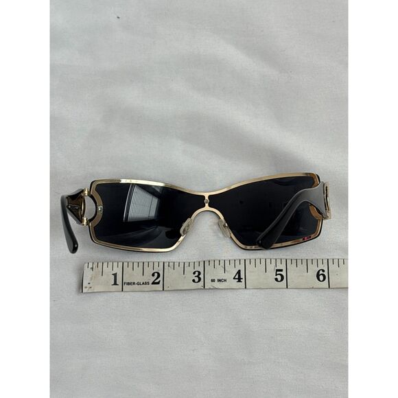 Black Y2K Shield Rimless Sunglasses Gold CC Accent Trendy Classy - Picture 6 of 7